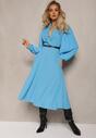 Niebieska Rozkloszowana Sukienka z Paskiem i Długim Rękawem Malaiyah