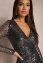 Rochie Neagră-Argintie Midi Tip Plic cu Drapat Decorată cu Paiete Fendra