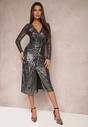 Rochie Neagră-Argintie Midi Tip Plic cu Drapat Decorată cu Paiete Fendra