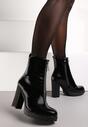 Botine Negre Lacate cu Toc Bloc și Fermoar Decorativ cu Pietre Elorine