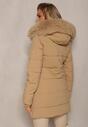 Ciemnobeżowa Pikowana Kurtka z Kapturem i Ozdobnym Futerkiem Zepiola