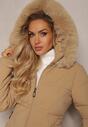Ciemnobeżowa Pikowana Kurtka z Kapturem i Ozdobnym Futerkiem Zepiola