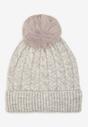 Căciulă Beanie Tricotată Gri Deschis cu Pompon din Blană și Împletitură Coadă Lalinne