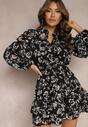 Rochie Neagră Mini cu Flori cu Volan și Elastic în Talie Siracusa