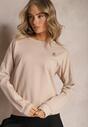Beżowa Bluza Crewneck z Bawełny z Błyszczącą Broszką Clotina