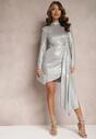 Srebrna Asymetryczna Sukienka Mini z Metalicznego Materiału z Drapowaniem Cyanara