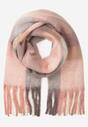 Jasnoróżowy Dzianinowy Szalik Ozdobiony Klasyczną Kratą i Frędzlami Soleria