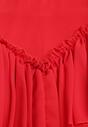 Rochie roșie evazată tip salopetă cu volane și dantelă Pokisa