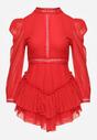 Rochie roșie evazată tip salopetă cu volane și dantelă Pokisa
