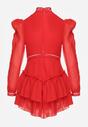 Rochie roșie evazată tip salopetă cu volane și dantelă Pokisa