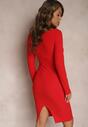 Czerwona Dopasowana Sukienka Midi z Kwadratowym Dekoltem Peonis