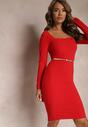Czerwona Dopasowana Sukienka Midi z Kwadratowym Dekoltem Peonis