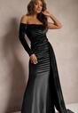 Czarna Asymetryczna Sukienka Maxi z Ozdobnym Marszczeniem i Trenem Cirielle