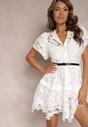 Rochie Cămașă Midi Albă cu Dantelă Ajur și Curea Silira