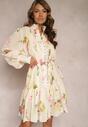 Jasnobeżowa Plisowana Sukienka Midi z Kwiatowym Wzorem z Paskiem i Guzikami Jazai