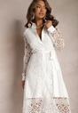 Biała Rozkloszowana Midi Sukienka Ozdobiona Koronką z Paskiem w Talii Sailla