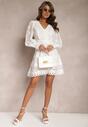 Biała Haftowana Sukienka Mini z Guzikami i Ażurowymi Wstawkami Albastra