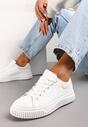 Biało-Beżowe Sznurowane Sneakersy z Metaliczną Wstawką i Żłobieniami Komparre