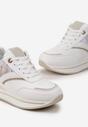 Biało-Beżowe Sznurowane Sneakersy z Ekoskóry z Błyszczącymi Wstawkami Fiviara