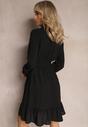 Czarna Mini Sukienka Rozkloszowana z Paskiem Materiałowym z Tkaniny Plumeti Digia