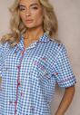 Niebiesko-Biały Komplet Piżamowy Koszula na Guziki i Szorty o Luźnym Fasonie w Kratę Anseli