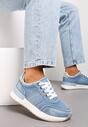 Niebieskie Sznurowane Sneakersy z Jeansowymi Wstawkami Greha