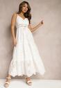 Biała Rozkloszowana Sukienka z Bawełny z Ażurowym Zdobieniem i Sznurkiem Aoralia