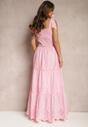 Różowa Ażurowa Sukienka Rozkloszowana Maxi z Bawełny z Wiązanymi Ramiączkami Miresta