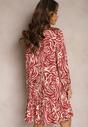 Bordowo-Beżowa Rozkloszowana Sukienka Mini w Koszulowym Stylu z Falbanką i Ozdobnym Wzorem Bevina