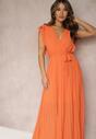 Pomarańczowa Wiskozowa Sukienka Maxi z Plisowaniem o Rozkloszowanym Kroju i Kopertowym Dekolcie Fliceris