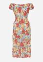 Różowo-Beżowa Sukienka Midi z Krótkim Rękawem z Wiskozy w Kwiaty Emena
