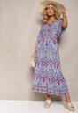 Niebiesko-Fuksjowa Wiskozowa Sukienka Maxi z Gumką w Pasie Ozdobiona Wzorem Paisley Larite
