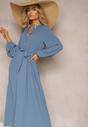 Niebieska Rozkloszowana Sukienka Maxi Plisowana Wiązana w Pasie Terilla