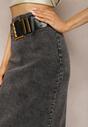 Czarna Jeansowa Spódnica Midi Bawełniana z Ażurowym Paskiem i Klamrą Allerio