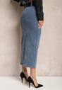 Niebieska Jeansowa Spódnica Midi Bawełniana z Ażurowym Paskiem i Klamrą Allerio
