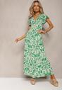 Zielona Maxi Sukienka Rozkloszowana z Kopertowym Dekoltem w Kwiatowy Wzór Leivori