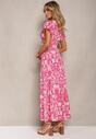 Różowa Maxi Sukienka Rozkloszowana z Kopertowym Dekoltem w Kwiatowy Wzór Leivori