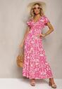 Różowa Maxi Sukienka Rozkloszowana z Kopertowym Dekoltem w Kwiatowy Wzór Leivori