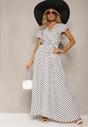 Biała Sukienka Maxi w Kropki z Plisowanym Dołem i Trójkątnym Dekoltem Florieas