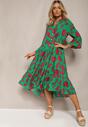 Zielona Rozkloszowana Sukienka z Guzikami w Kwiatowy Wzór Plasetha