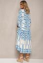 Niebiesko-Biała Rozkloszowana Sukienka Midi w Geometryczny Wzór Ozdobiona Falbankami Mefdia
