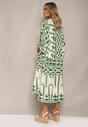 Zielono-Beżowa Rozkloszowana Sukienka Midi w Geometryczny Wzór Ozdobiona Falbankami Mefdia
