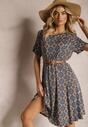 Rochie midi bleumarin-maro cu model mozaic din viscoză cu croi evazat Vechaina