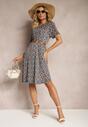 Rochie midi bleumarin-maro cu model mozaic din viscoză cu croi evazat Vechaina