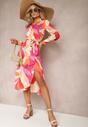 Różowo-Beżowa Rozkloszowana Sukienka Midi z Kopertowym Dekoltem z Paskiem i Abstrakcyjnym Wzorem Orabella