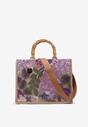 Poşetă Tote Violet-Bej cu Mânere din Bambus Imprimeu Colorat şi Pandantiv Arose