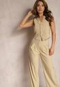 Compleu Bej Sacou Vesta și Pantaloni Drepți High Waist Nithriella