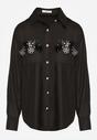 Czarna Klasyczna Koszula z Kieszeniami Zdobiona Cyrkoniami i Kwiatowym Detalem Herlla