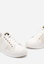 Biało-Beżowe Sznurowane Sneakersy z Ekoskóry z Plecionką i Metaliczną Wstawką Josephina