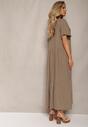 Ciemnobeżowa Rozkloszowana Sukienka Maxi z Bawełny z Trójkątnym Dekoltem Nastal